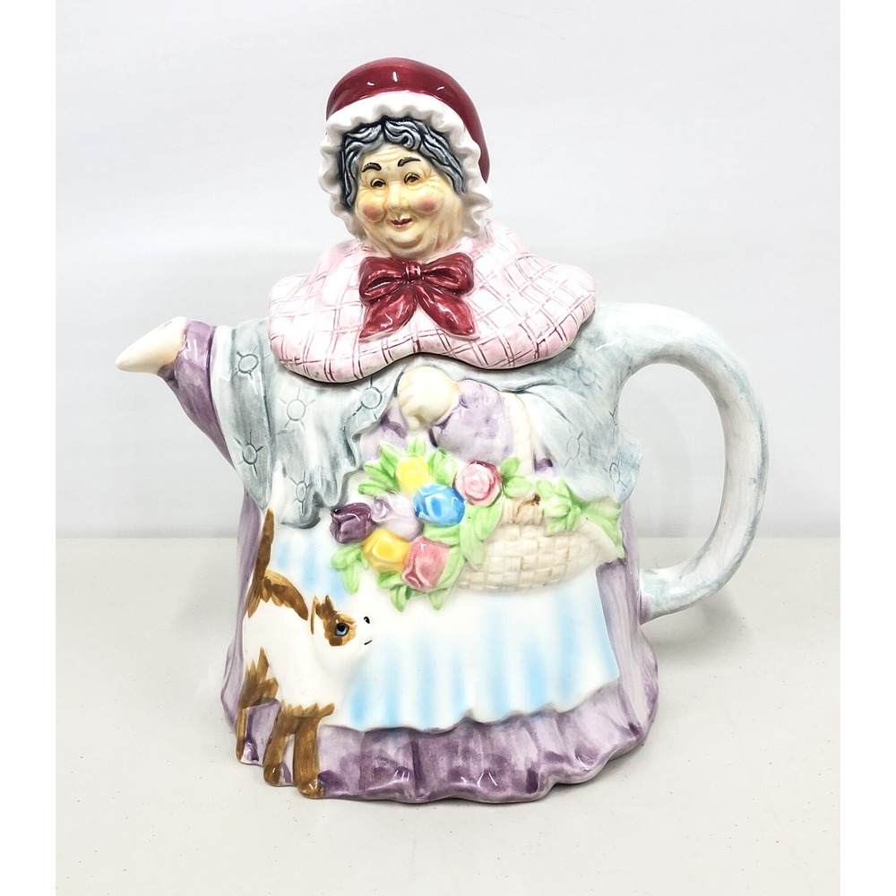Vintage Takahashi San Francisco Peasant Woman Teapot with Lid Flowers Cat